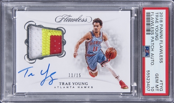2018-19 Panini Flawless #TYG Trae Young Signed Patch Rookie Card (#11/15) - PSA GEM MT 10